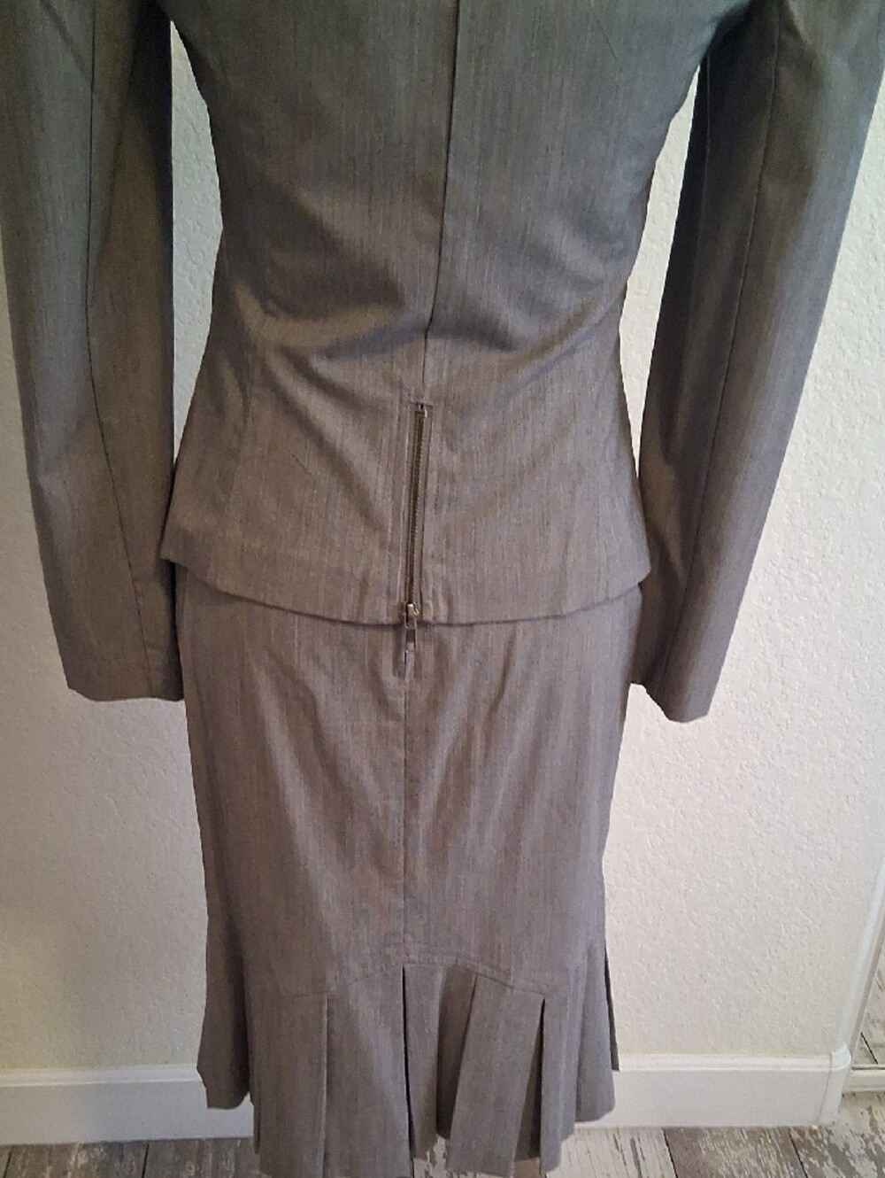 BCX Gray Single-Button Tailored Blazer And Ruffed Skirt. - Picture 6 of 13